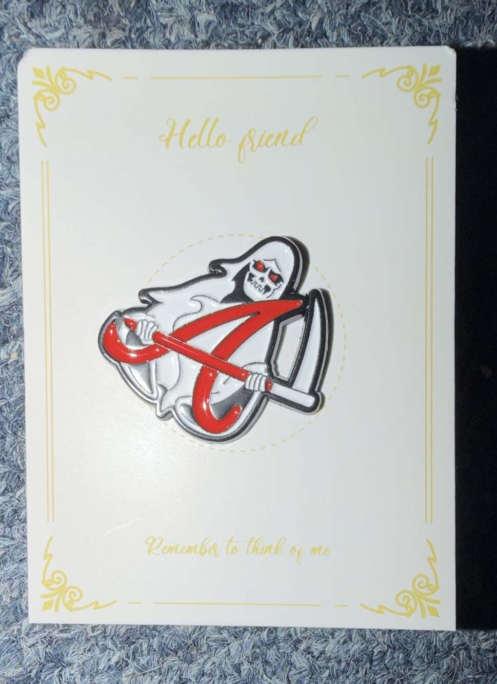 J0010 Grim Reaper Enamel Pin Hello Friend Red Scythe Badge